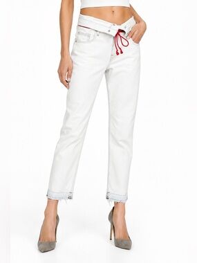 HUDSON Los Angeles‎ Jessi Cropped Boyfriend Jeans w Fold Over Waistband Red Tie